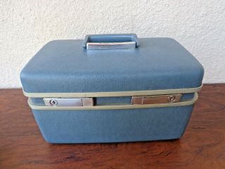 Vintage Samsonite Medalist Train Case BLUE Suitcase Luggage Make Up Tray Key EXC 2
