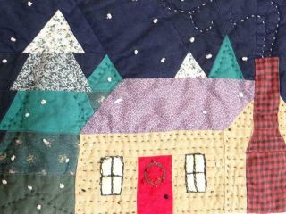 Fine Vintage Christmas In July Country Log Cabin In The Woods Holiday Old Quilt