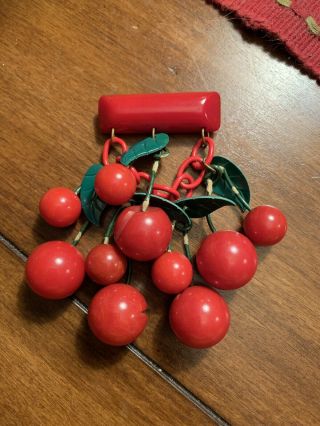 Carved Red Bakelite Cherry Cluster Large Brooch Pin 