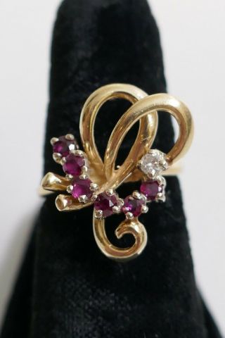 Vintage 14k Yellow Gold Ruby & Diamond Ring - Size 6 - Stylized Butterfly