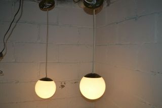 70s Vtg Mcm Hanging Danish Mod Ball Pendant Lamp Light Fixture Pair Milk Glass