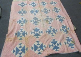 Vintage Blue,  Pink & White Quilt Blanket 72 " X 69 "