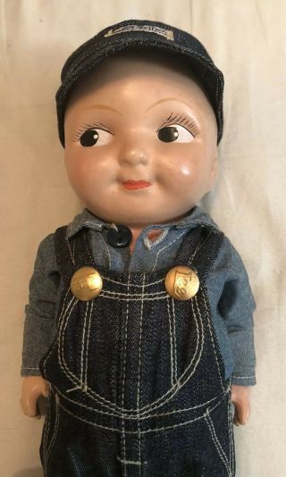 Vintage Buddy Lee Advertising Doll Overalls Jeans Hat Union Made Composition