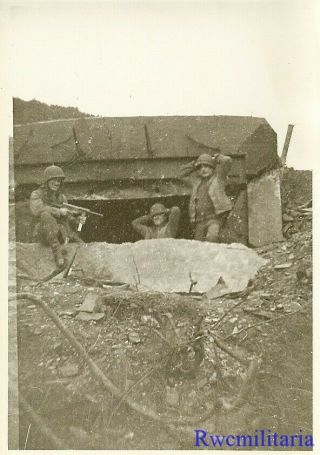 Victorious Us Troops Posed W/ Captured German Bunker; Normandy,  France (3)