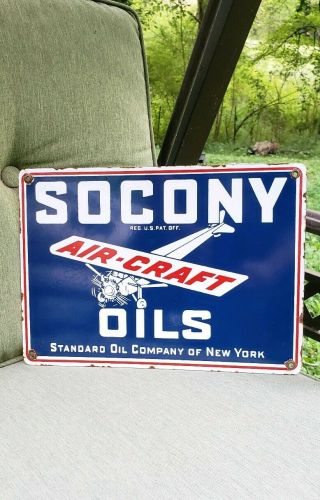 Socony Oils Porcelain Sign Standard Oil Vintage Gas Pump Plate Air Craft Auto