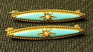 Set Of 2 Antique 14k Solid Gold Blue Enamel And Seed Pearl Lingerie Pins Vintage
