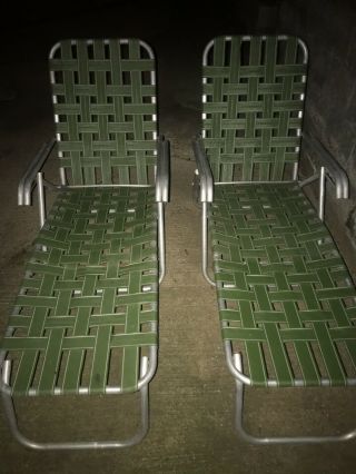 2 Set Of Vintage Retro Green Folding Aluminum Chaise Lounge Lawn Chairs Webbed