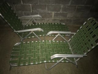 2 Set Of Vintage Retro Green Folding Aluminum Chaise Lounge Lawn Chairs Webbed 2