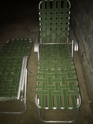 2 Set Of Vintage Retro Green Folding Aluminum Chaise Lounge Lawn Chairs Webbed 3