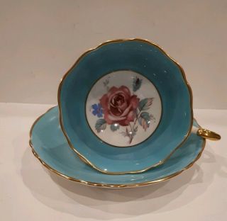Vintage Paragon Cup And Saucer Double Warrant Blue Tourquoise Roses Flowers Pink