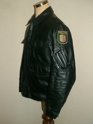 Vtg German Police Jacket Black Leather Polizei Patch Motorcycle Coat Mens L/xl