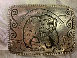 Vintage Navajo H Spencer Sterling Silver Huge Angry Bear Belt Buckle No Turquois