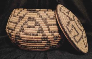 Large Early Vintage Native Pima Indian Storage Basket W/ Lid - Rare Size