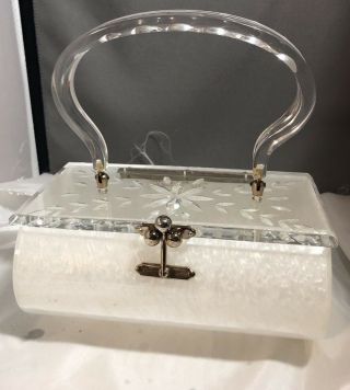 White Pearl Lucite Vintage Handbag Or Purse Carved Clear Top And Handle