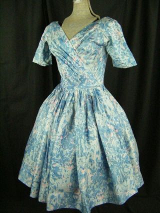 Vtg 50s Blue Pink Floral Printed 100 Silk 3/4 Sleeve Full Dress - Bust 39/xs - S