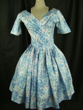 Vtg 50s Blue Pink Floral Printed 100 Silk 3/4 Sleeve Full Dress - Bust 39/XS - S 3