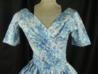 Vtg 50s Blue Pink Floral Printed 100 Silk 3/4 Sleeve Full Dress - Bust 39/XS - S 4