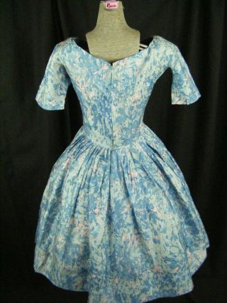 Vtg 50s Blue Pink Floral Printed 100 Silk 3/4 Sleeve Full Dress - Bust 39/XS - S 6