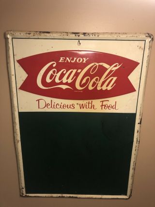 Vintage 1960 Coca Cola Fishtail Soda Pop Restaurant Menu Gas Oil 28 " Metal Sign