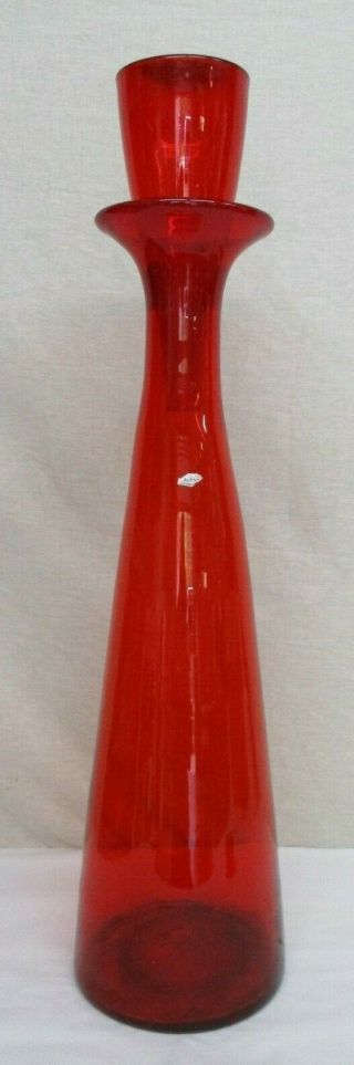 Vintage Blenko 6138 Glass Floor Vase Red 33.  5 " Ht Stopper Mid Century