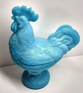 Vintage Westmoreland Robin Blue Milk Glass Rooster Covered Candy Dish