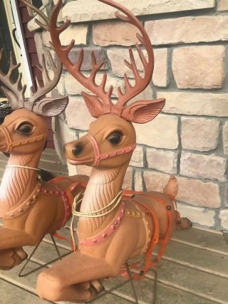 Rare Vintage Poloron Christmas 2 Reindeer Blow Molds W/reins W/bells & Stands