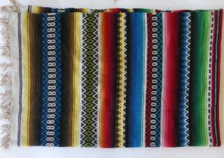 Vintage 60 " X 90 " Mexican Hand Woven Cotton Blanket With Fringe Mexico