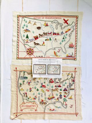2 Vintage Folk Art Primitive Geographical Cross Stitch Sampler Usa History Map