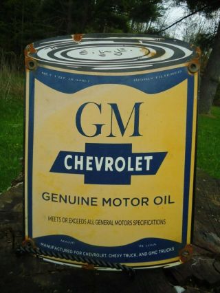 Vintage Gm Chevrolet Motor Oil Can Porcelain Dealership Sign Chevy