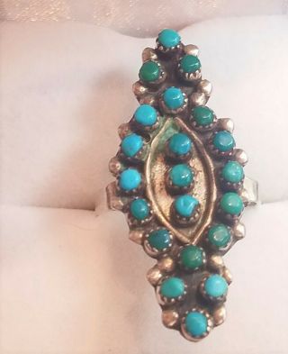 Vintage 1.  5 " Zuni Petit Point Turquoise Sterling Silver Native American Ring Sz7