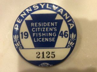 1946 Pa Pennsylvania Resident Citizens Fishing License Badge With Paper