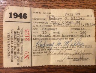1946 PA Pennsylvania Resident Citizens Fishing License Badge With Paper 3