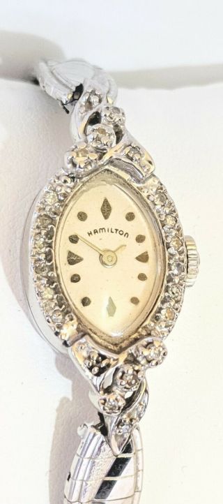 Vintage Ladies Hamilton 14kt 22 Diamond Watch White Gold,  Gold Filled Band
