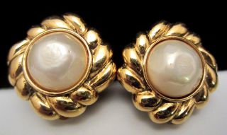 Authentic Vintage 1 " Signed Chanel Goldtone Classic Faux Pearl Clip Earrings A30