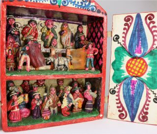 VTG WOOD SHADOW BOX DIORAMA HAND PAINTED RETABLO PERU FOLK ART BULLFIGHT RODEO 5