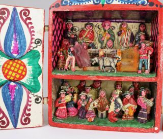 VTG WOOD SHADOW BOX DIORAMA HAND PAINTED RETABLO PERU FOLK ART BULLFIGHT RODEO 6