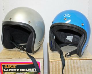 2 Vintage Motorcycle Safety Helmets W/box Buco All Sport Med Blue Silver Retro
