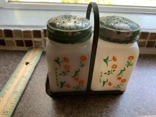 Vintage Milk Glass Salt And Pepper Set With Holder Depression Hoosier Range Set