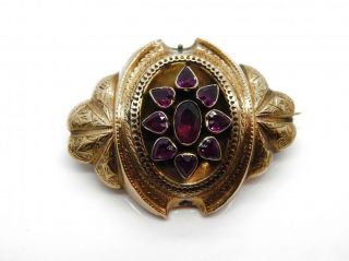 Antique Victorian Mourning Pin Brooch 14kt Gold Filled 12.  9 Grams Purple Glass