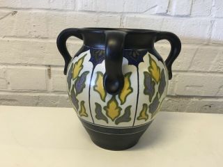 Vintage Signed Gouda Pottery 4 Handled Vase W/ Art Nouveau Style Decoration