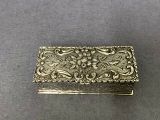 Antique Sterling Silver Gilded Rectangular 925 Repousse Pill Snuff Box.