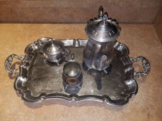 Large Vintage Silver Plated 2 Handled Wide Serving Tray (23” X 13”) & Tea Set