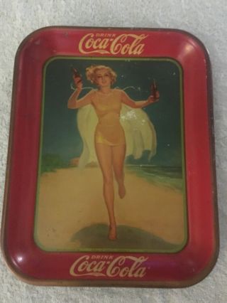 Vintage 1937 Coca Cola Advertising Tip Tray Running Girl On The Beach Coke Tin