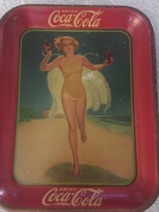 VINTAGE 1937 COCA COLA ADVERTISING TIP TRAY running Girl On The beach coke Tin 2
