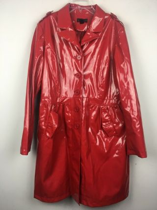 Vtg Bagatelle Xl Shiny Red Pvc Vinyl Raincoat Jacket Slicker Patent Trench Coat