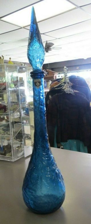 Vintage Florentine Blue Glass Decanter 22 " Tall Genie Bottle W Label
