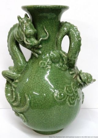 Vintage Chinese Republic Era Celadon Porcelain Large Double Dragon Vase