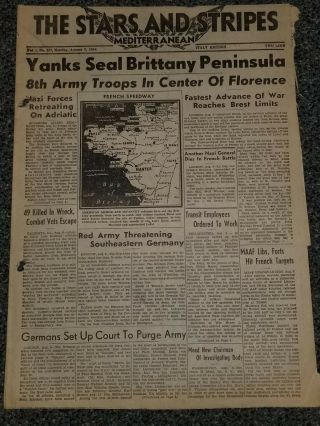 Wwii Stars And Stripes Newspaper Dated August 7,  1944 Yanks Seal Brittany