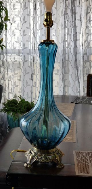 Vtg Mid Century Aqua Blue Art Glass Genie Bottle Shaped Lamp