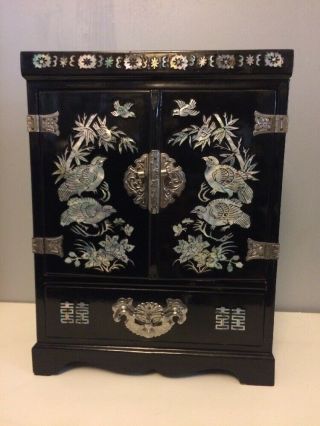 Tall Vintage Asian Wedding Musical Jewelry Box Chest Black Lacquer Mother Pearl